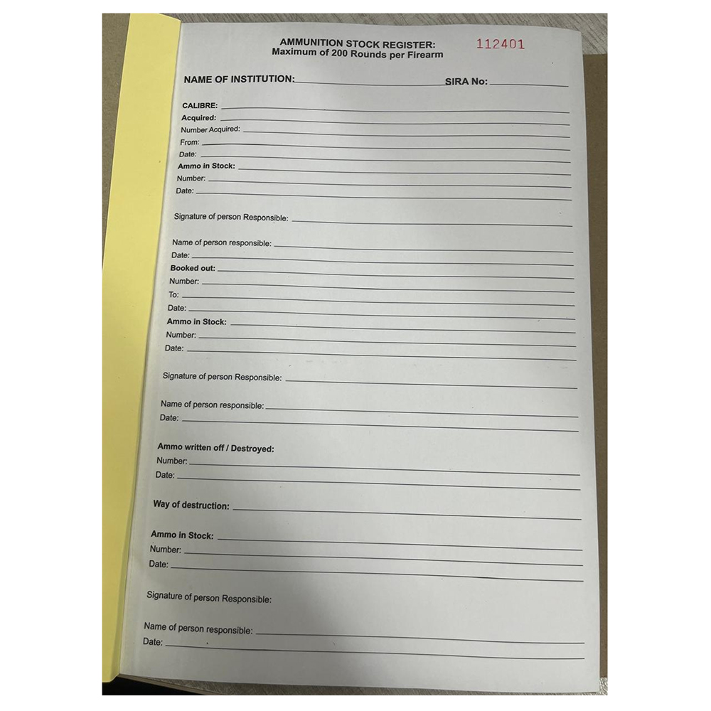 Ammunition Stock Register