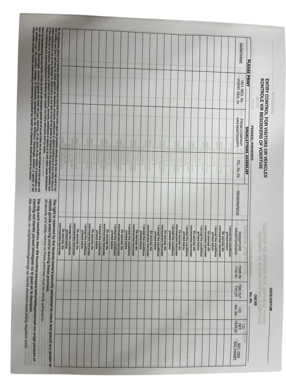 Entry Control Register - Non Tear Off Slip